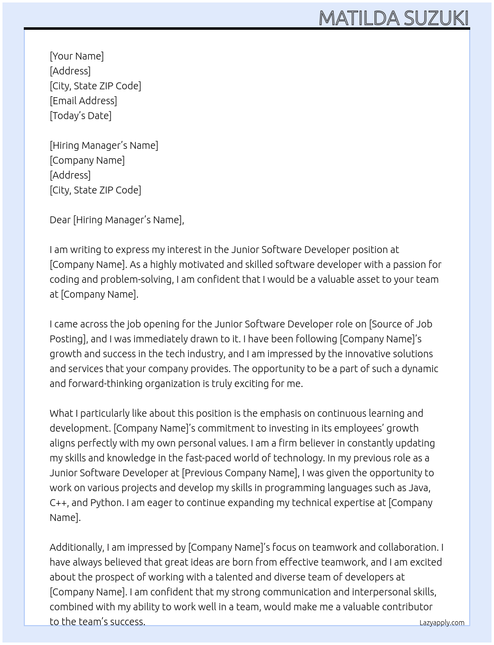Junior Software Developer At richtech Cover Letter