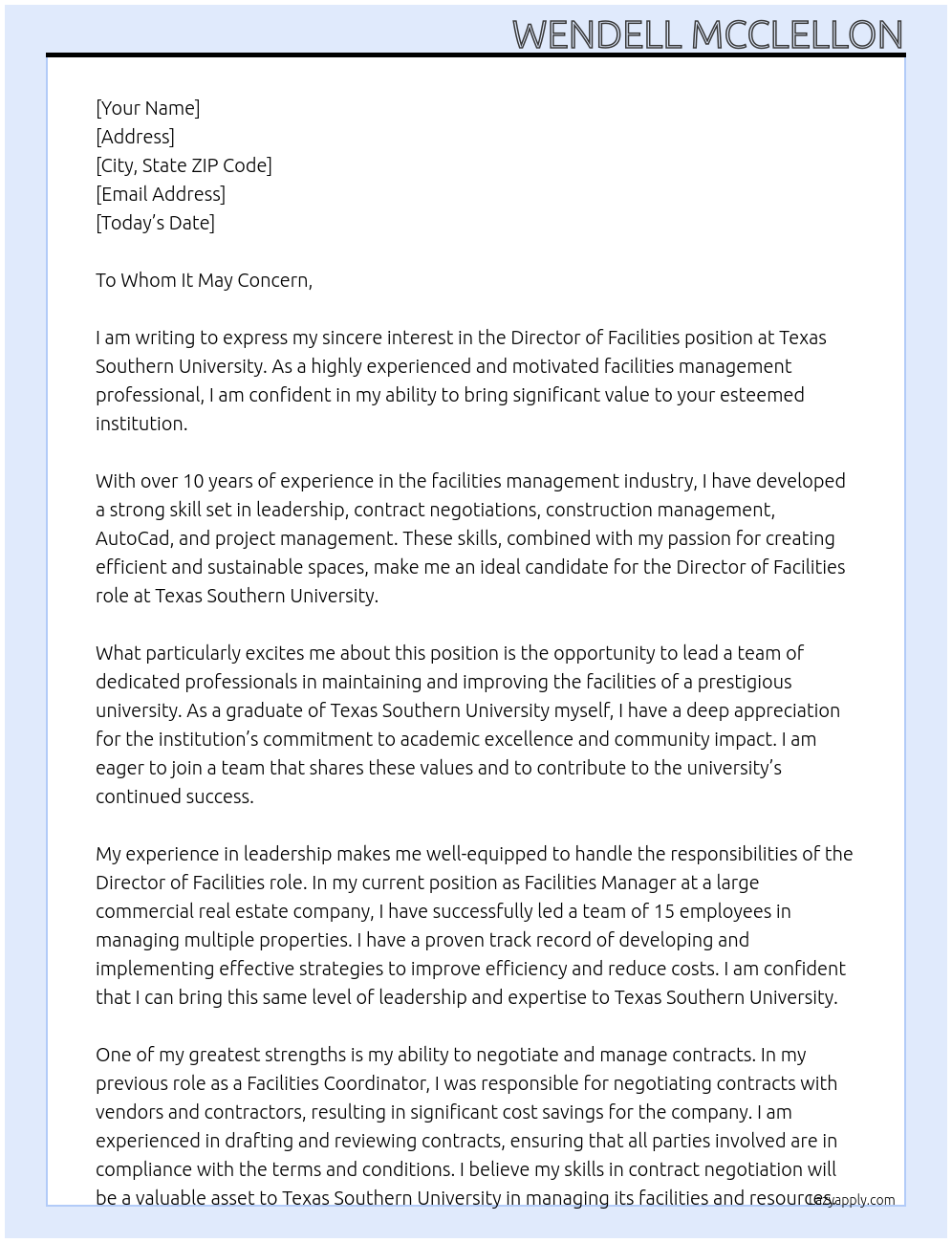 Director of Facilities  At Texas Southern University Cover Letter