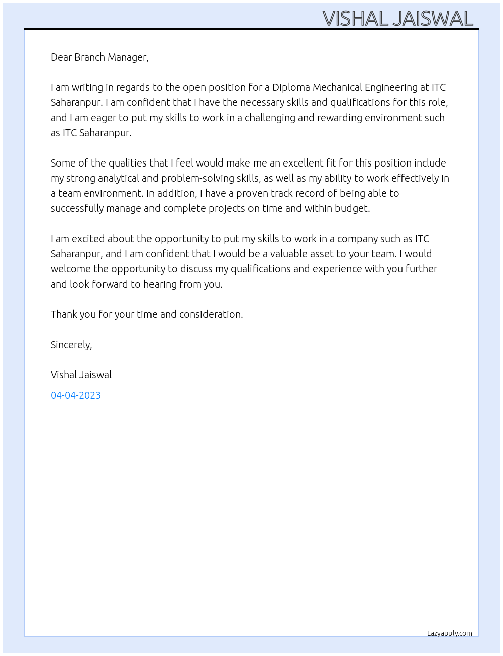 Diploma Mechanical Engineering  At ITC Saharanpur  Cover Letter