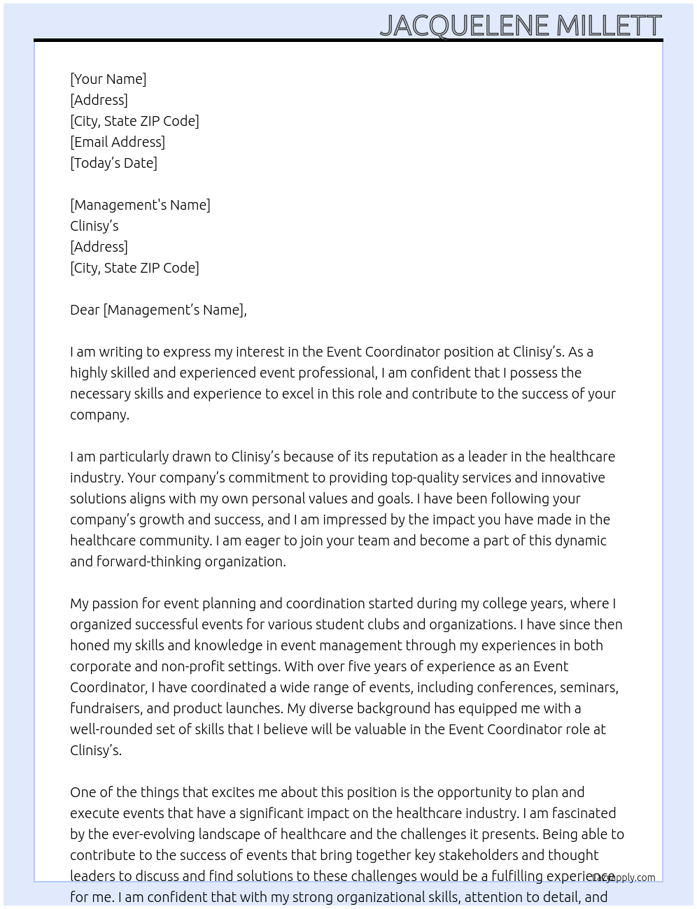 Event coordinator At Clinisy’s Cover Letter