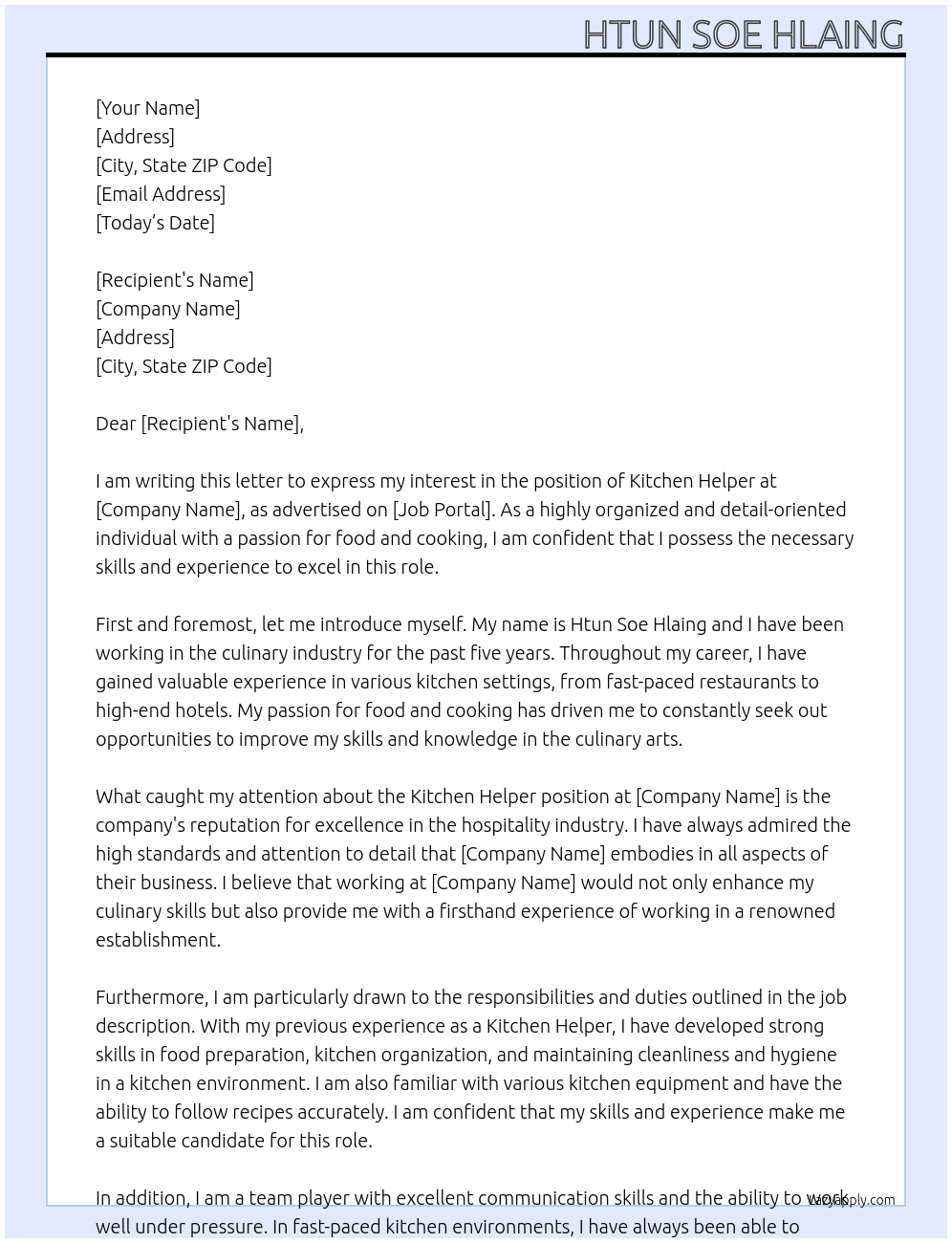 kitchen Helper At hotel  Cover Letter