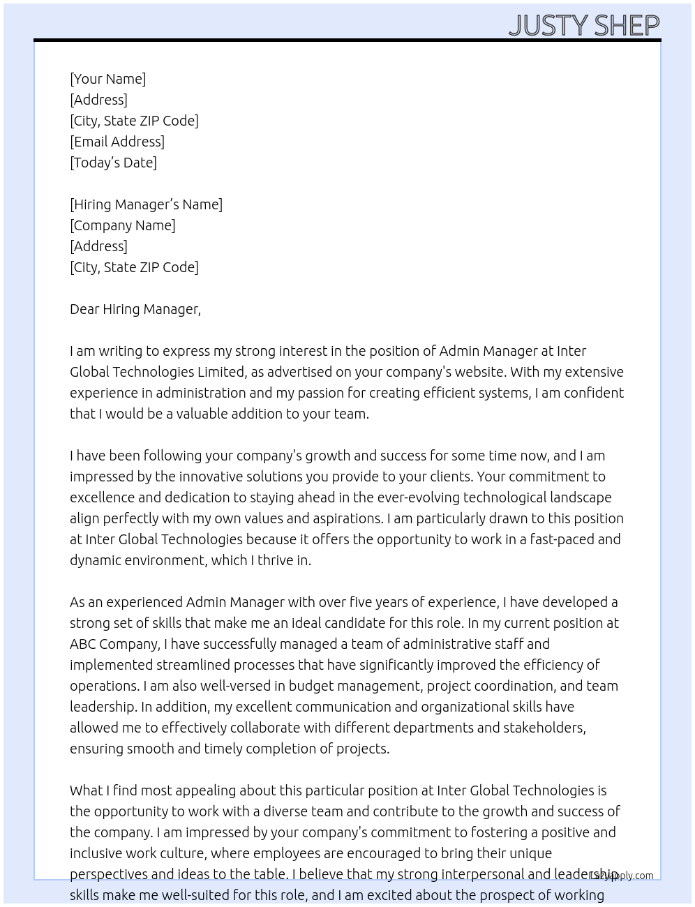 ADMIN MANAGER  At Inter Global Technologies Limited Cover Letter