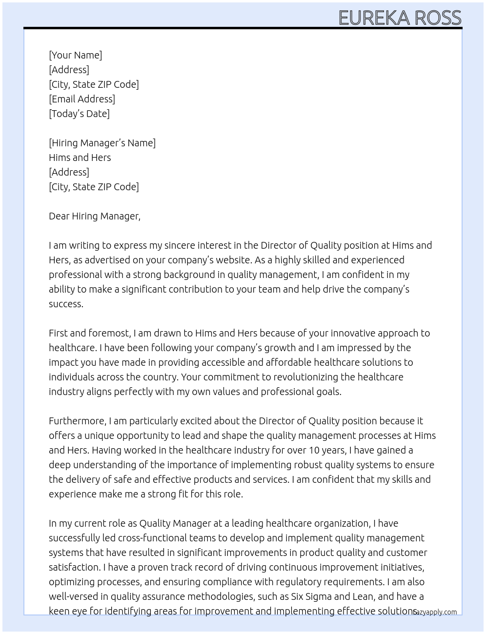 Director of Quality At Hims and Hers Cover Letter
