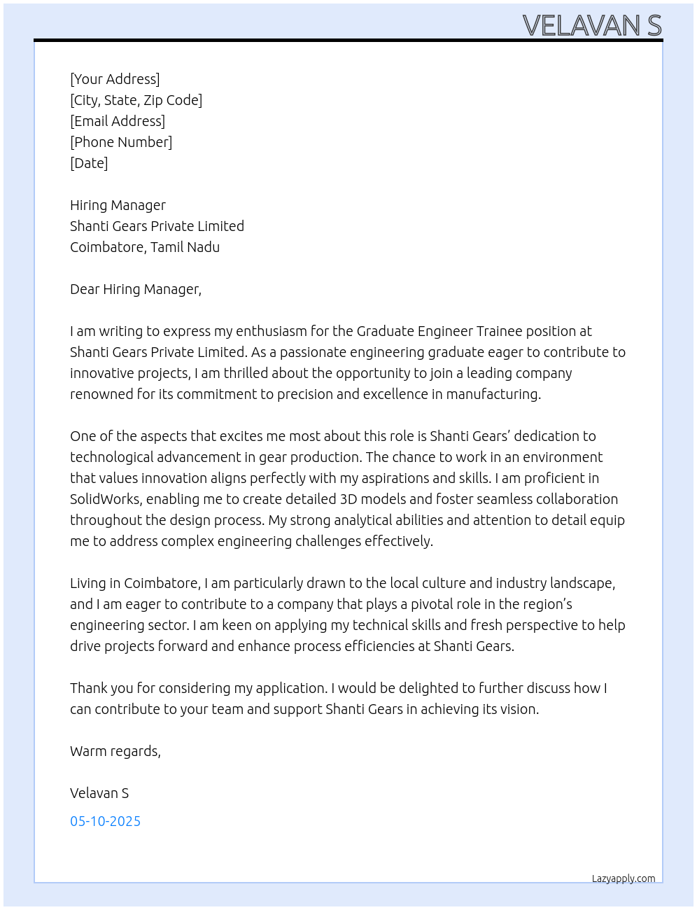 Graduate Engineer Trainee At Shanti gears private limited , coimbatore, tamil nadu Cover Letter