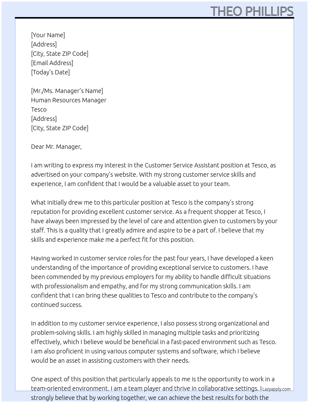 customer service assistant  At Tesco Cover Letter