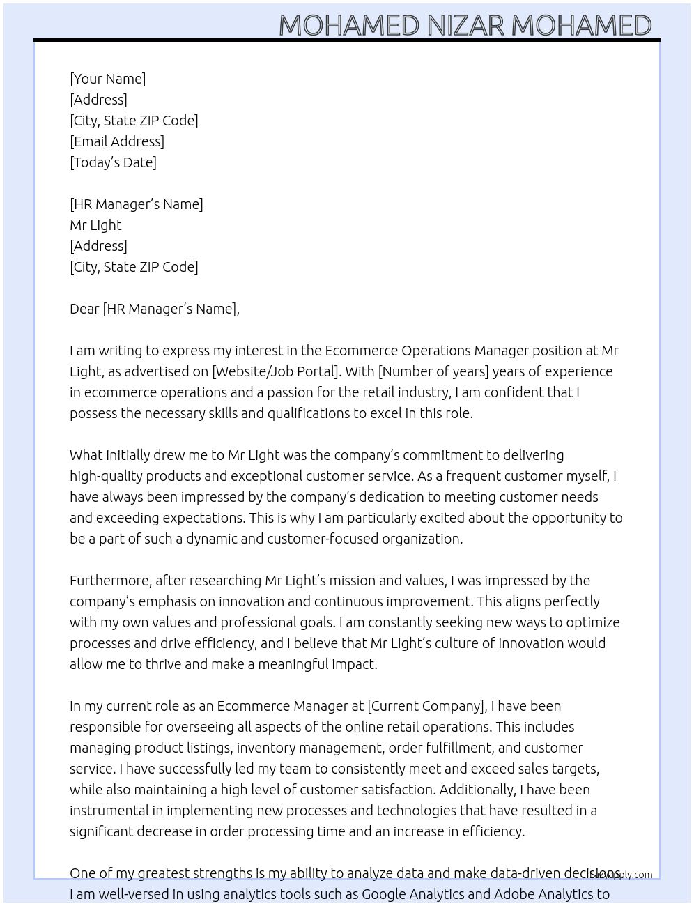Ecommerce Operations Manager At Mr Light Cover Letter