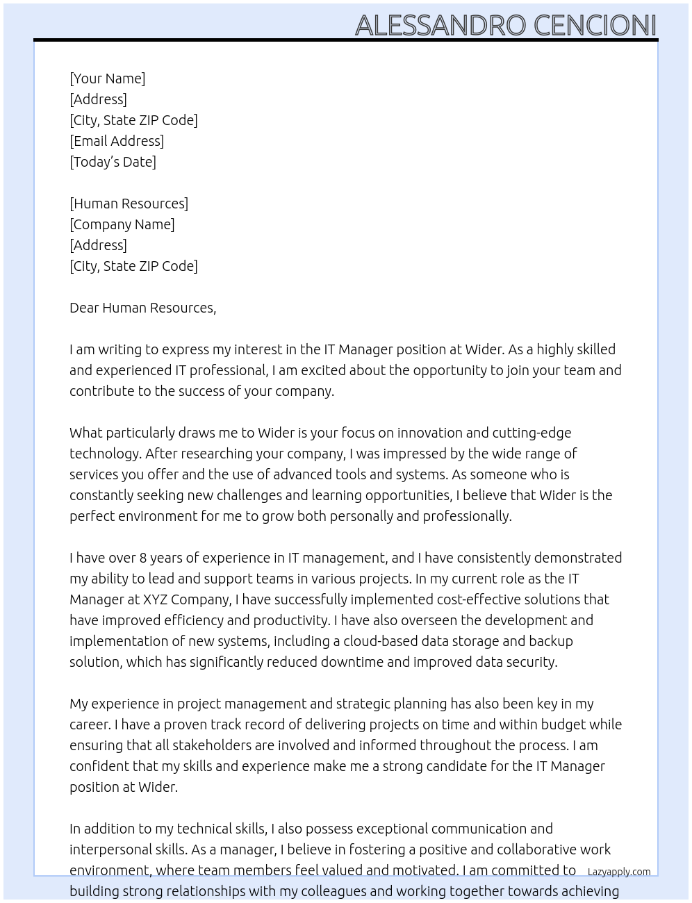 IT MANAGER At Wider Cover Letter