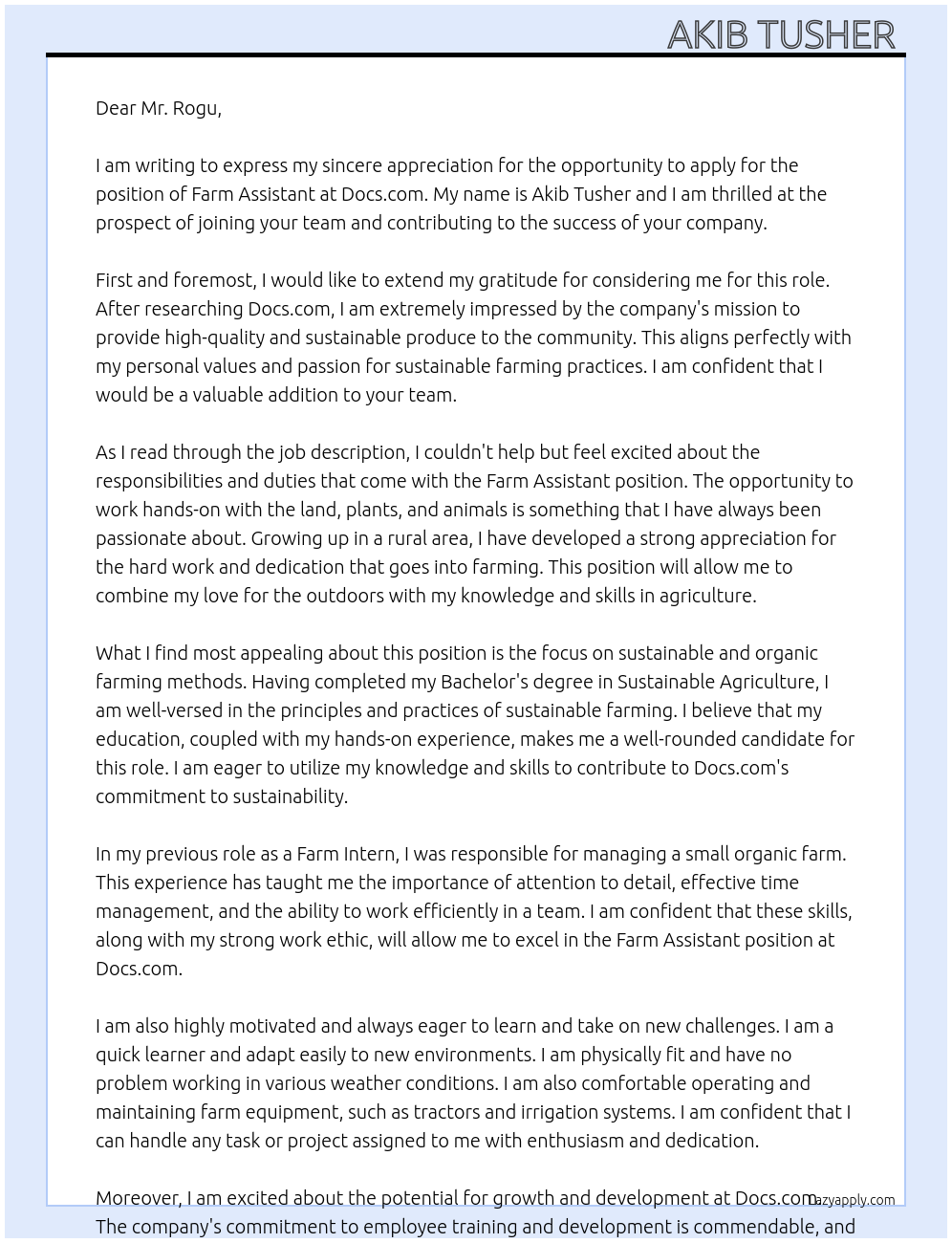 Farm Assistant  At Docs .com Cover Letter