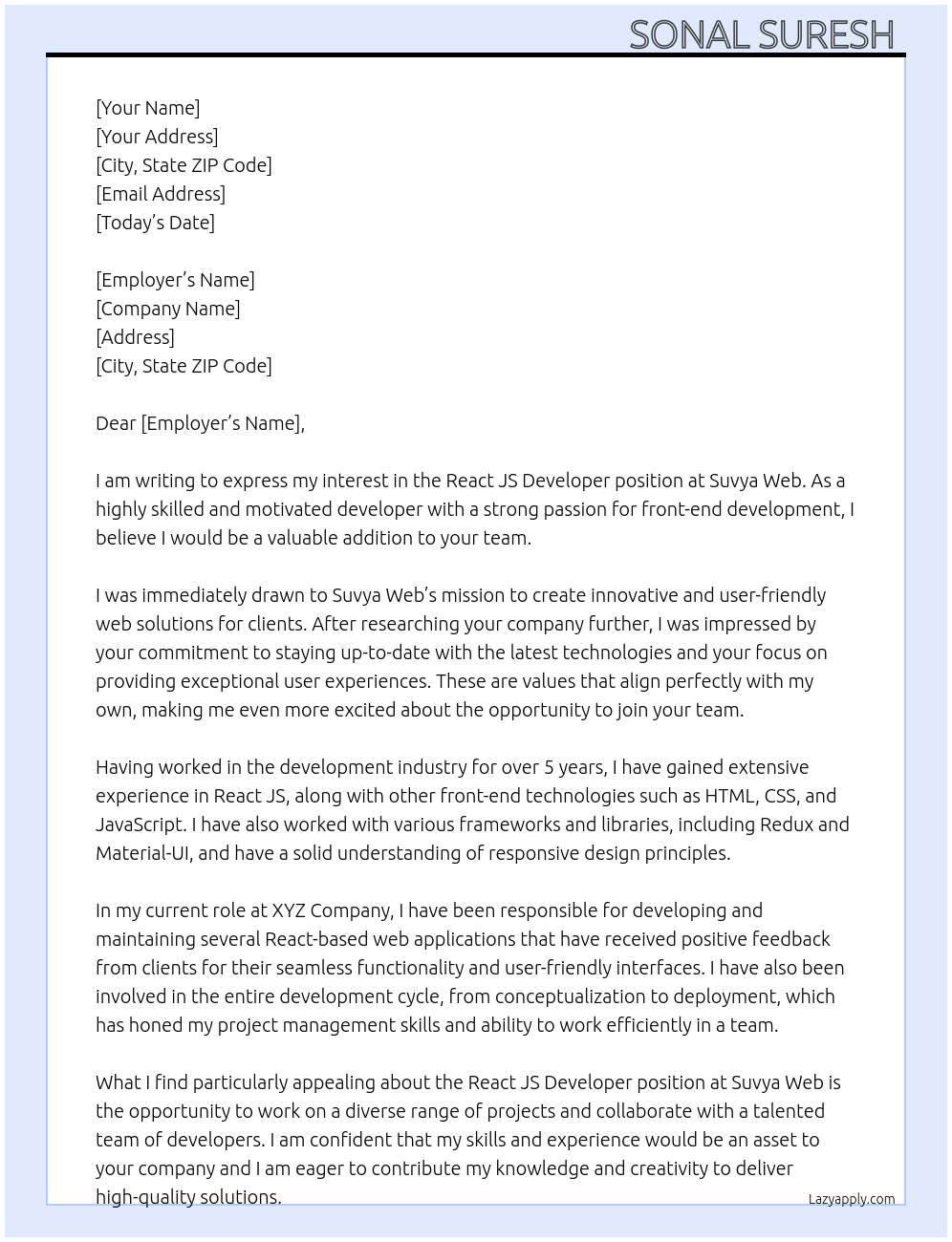 React js developer At Suvya Web Cover Letter