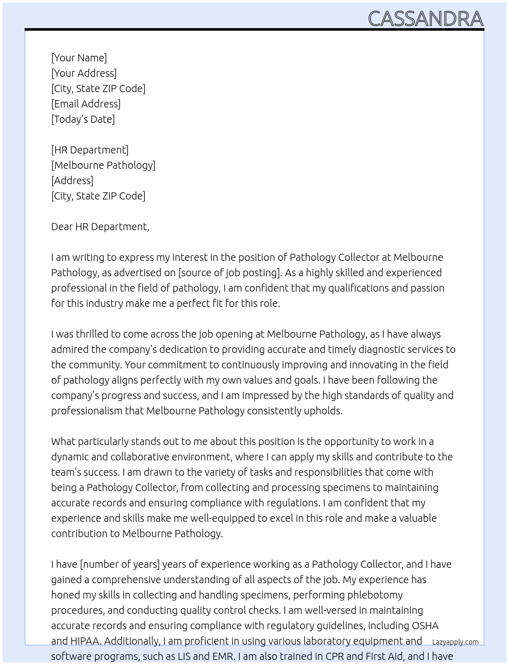 Pathology collector At Melbourne pathology Cover Letter