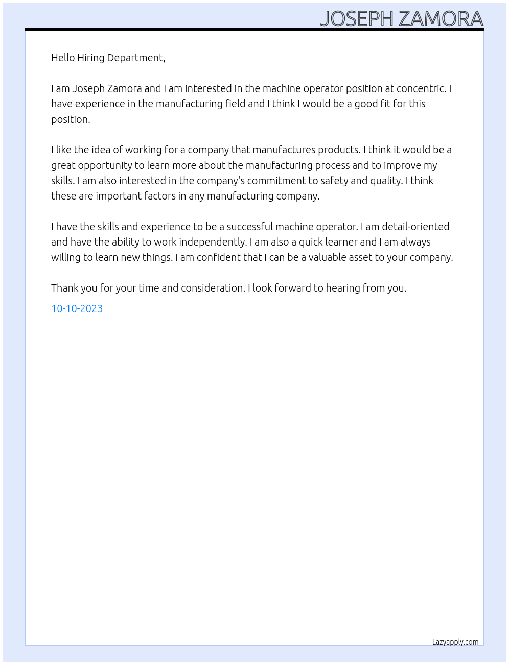 machine operator At concentric Cover Letter