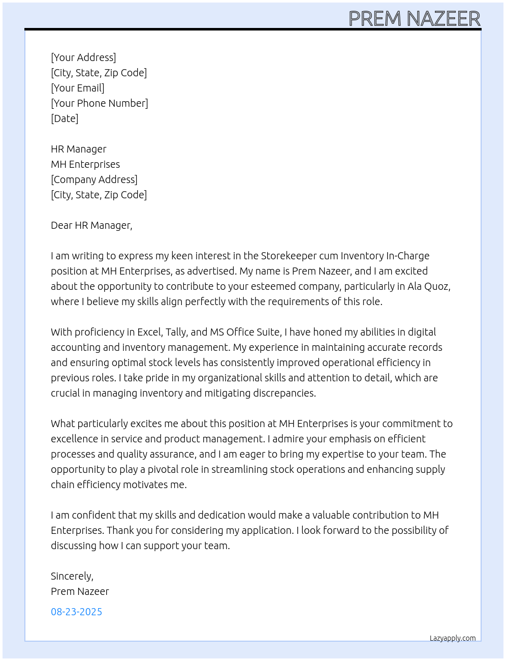 Storekeeper  At MH ENTERPRISES  Cover Letter