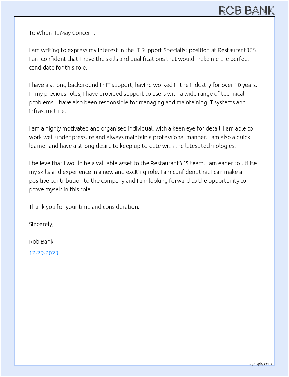 IT Support Specialist At Restaurant365 Cover Letter