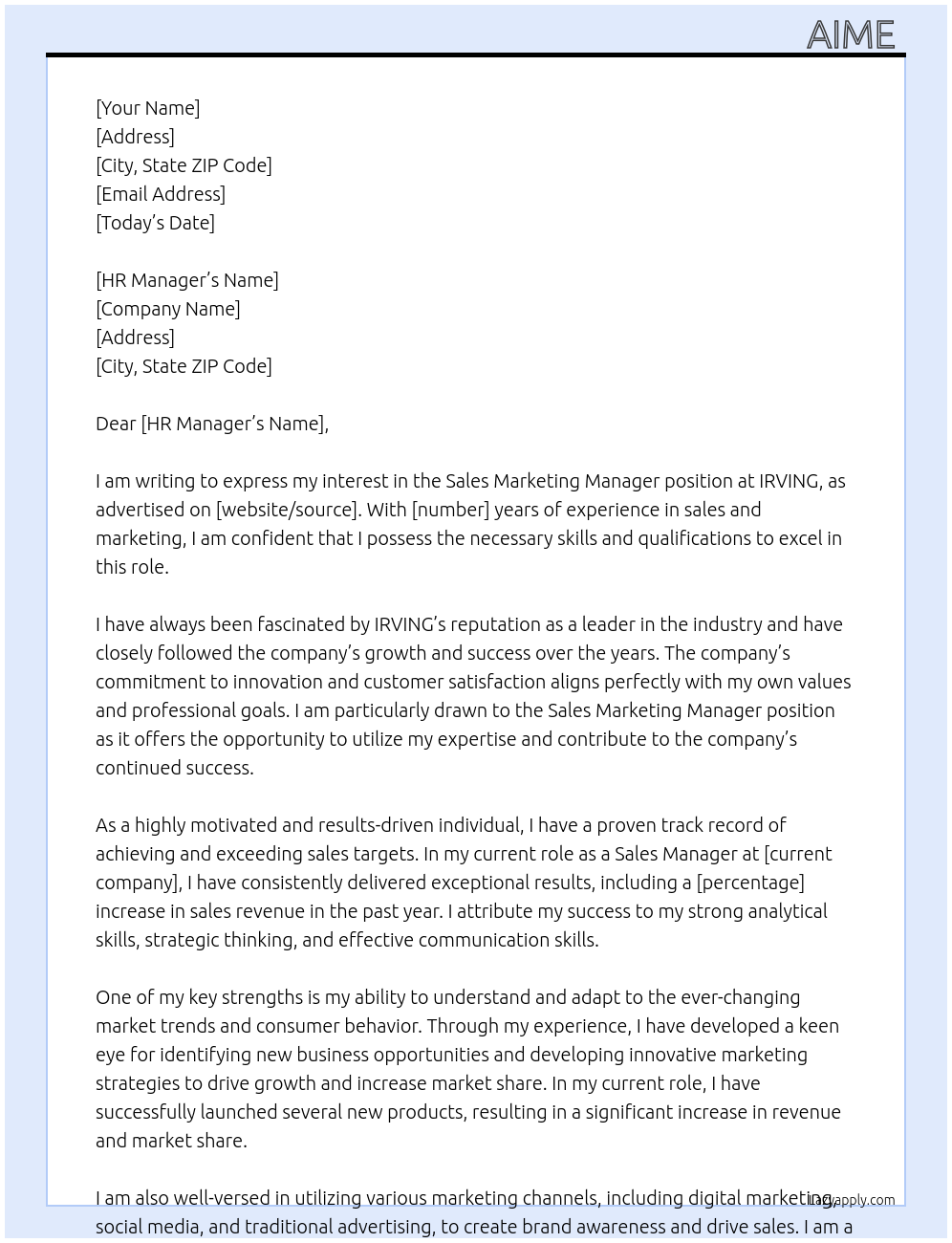 Sales marketing Manager At IRVING Cover Letter