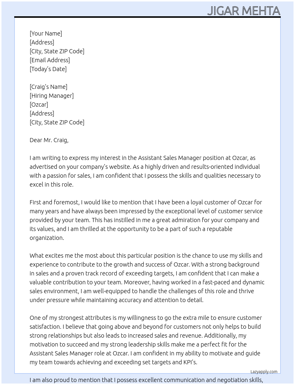 Assistant Sales Manager At Ozcar Cover Letter