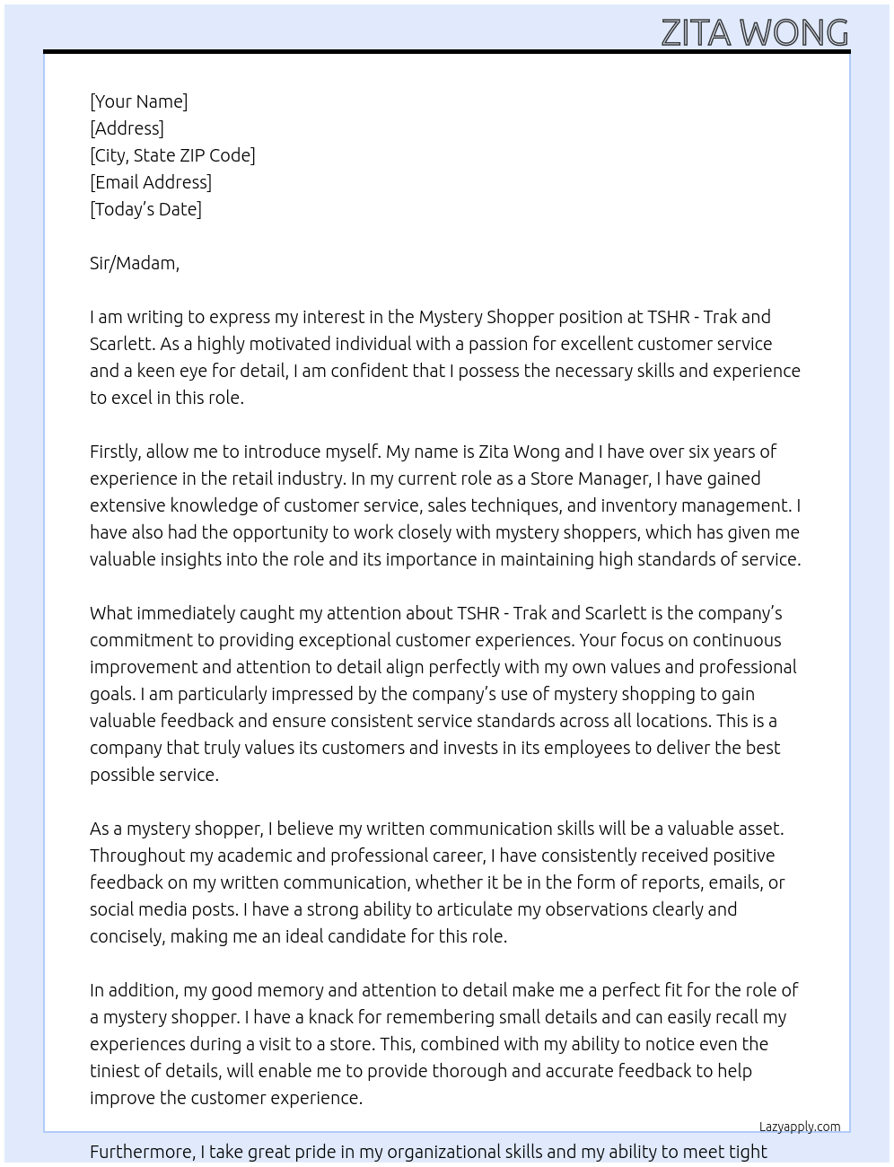 Mystery Shopper At TSHR -Trak and Scarlett  Cover Letter