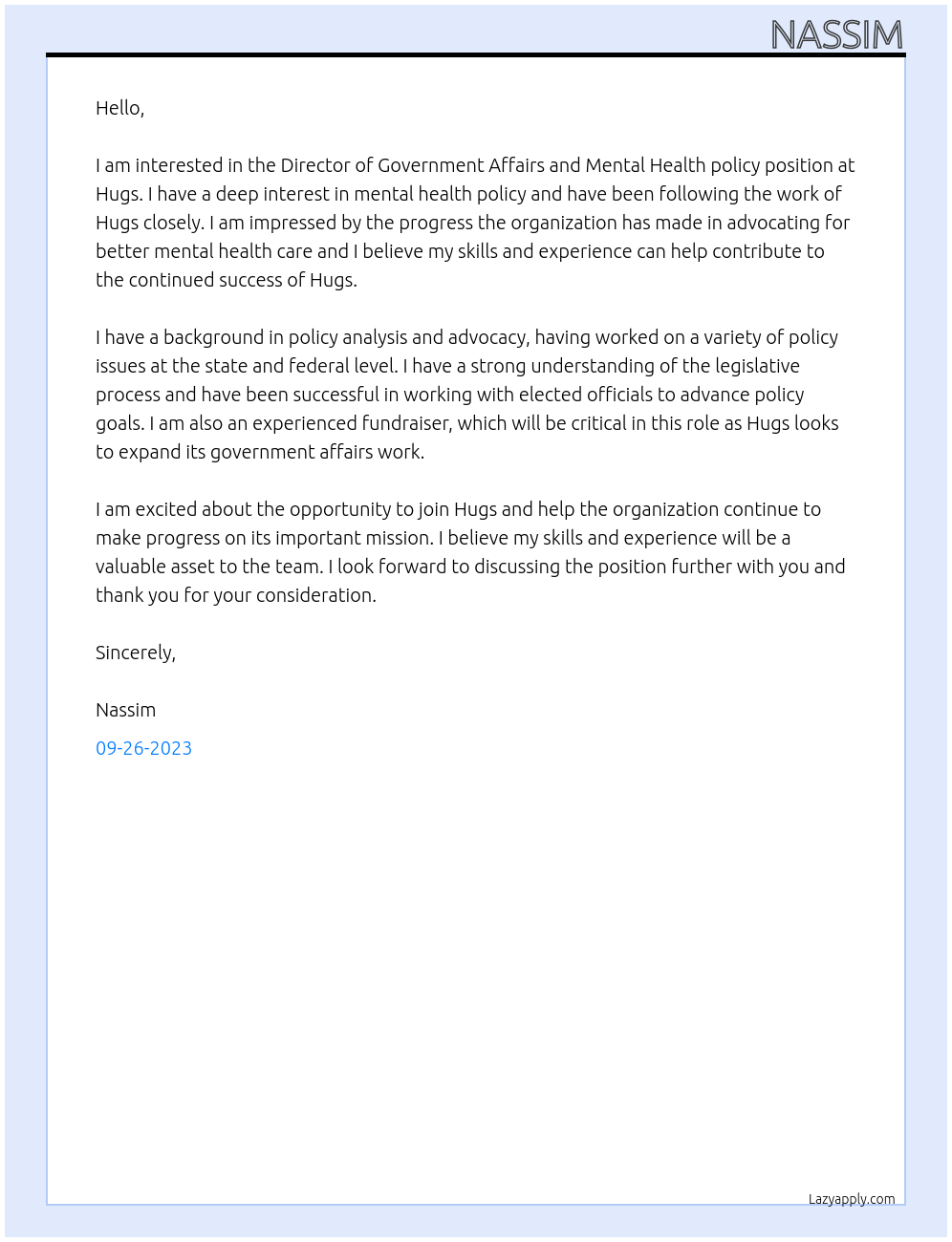 director At hugs Cover Letter