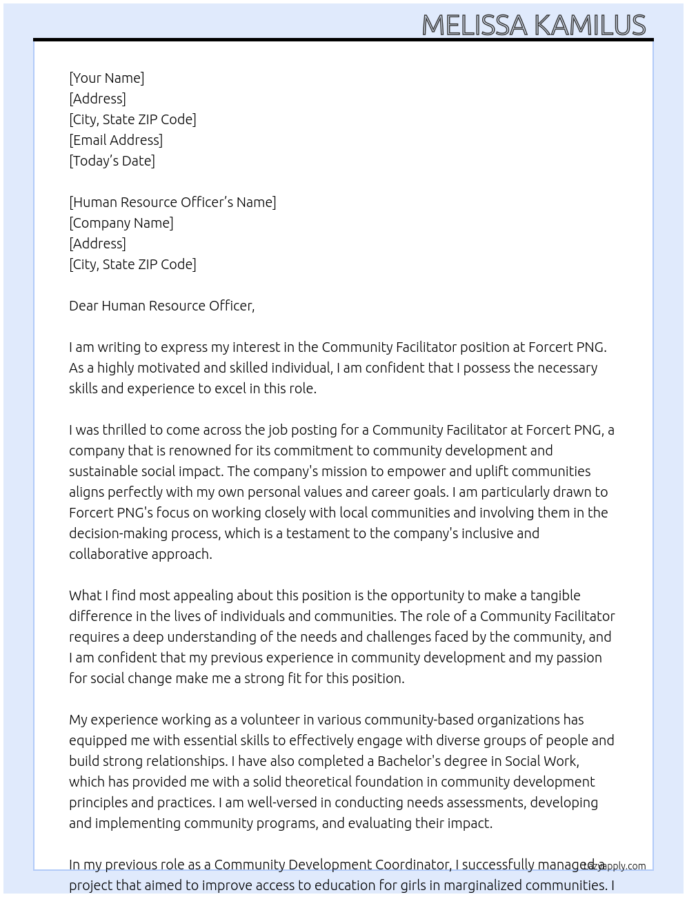 Community Facilitator  At Forcert PNG Cover Letter