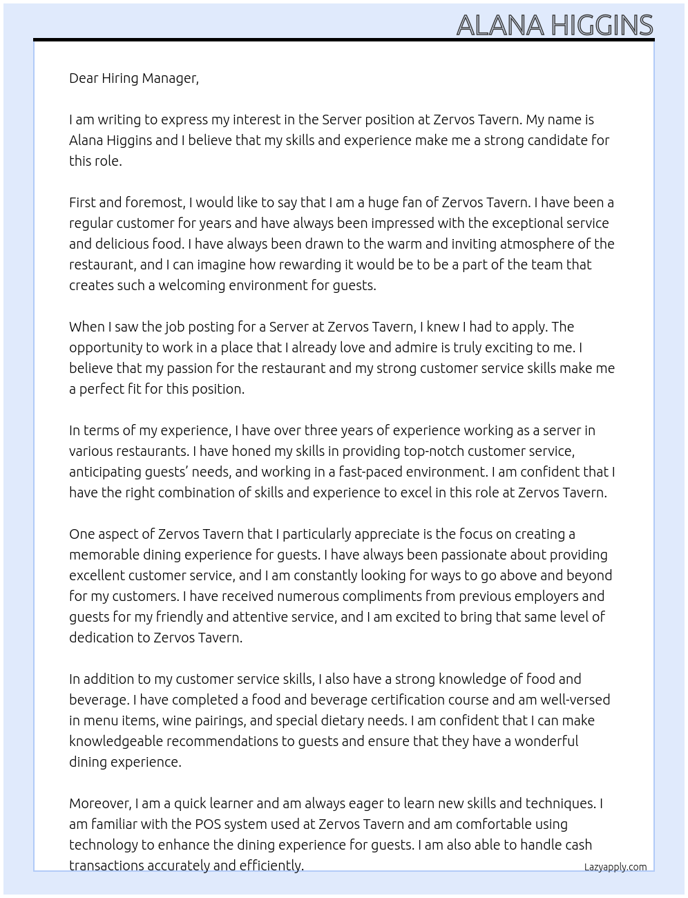 Server At Zervos Tavern Cover Letter