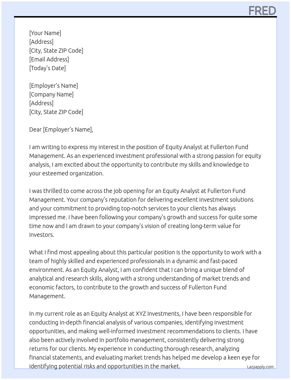  Equity analyst  At Fullerton fund management Cover Letter