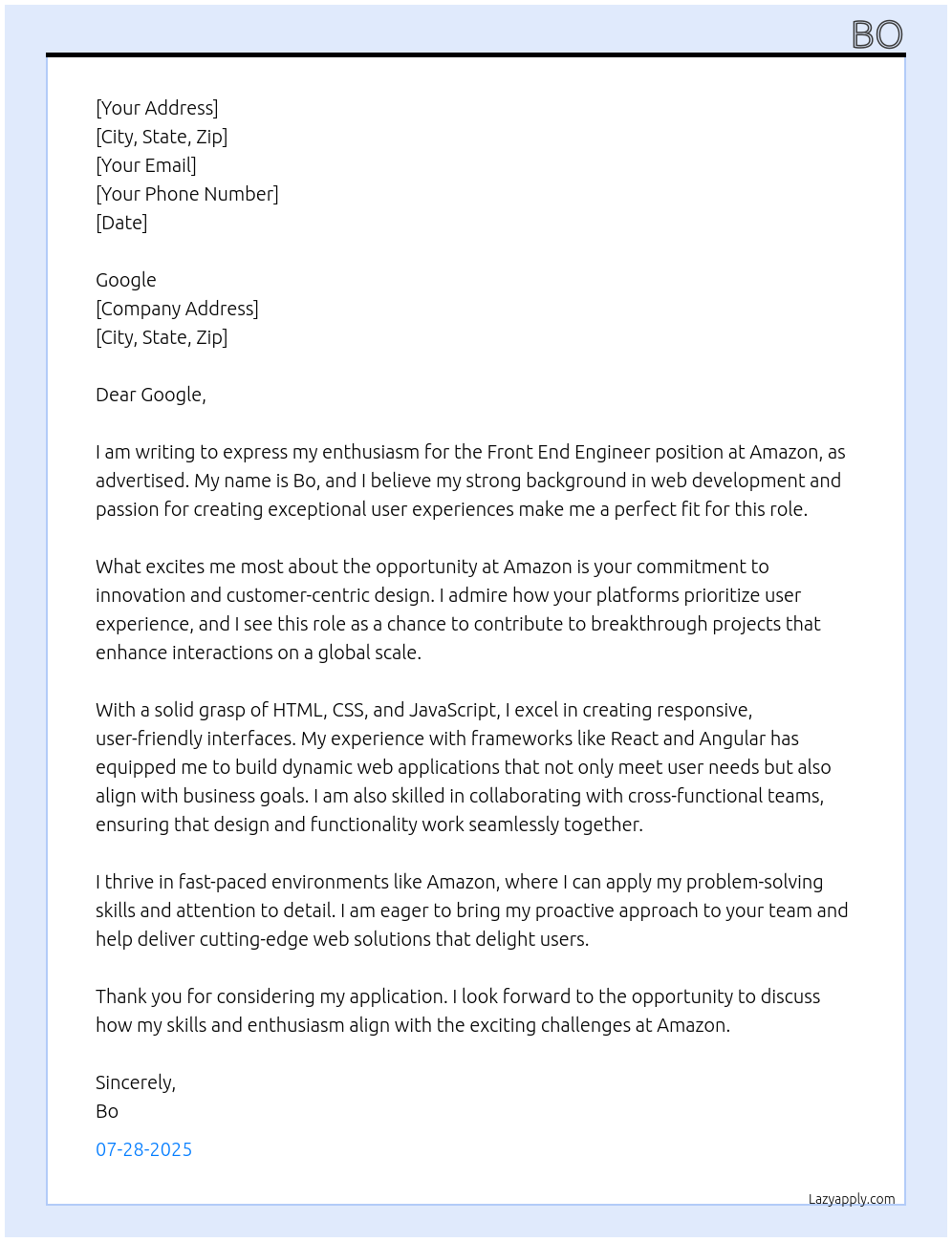Front end Engineer At Amazon Cover Letter