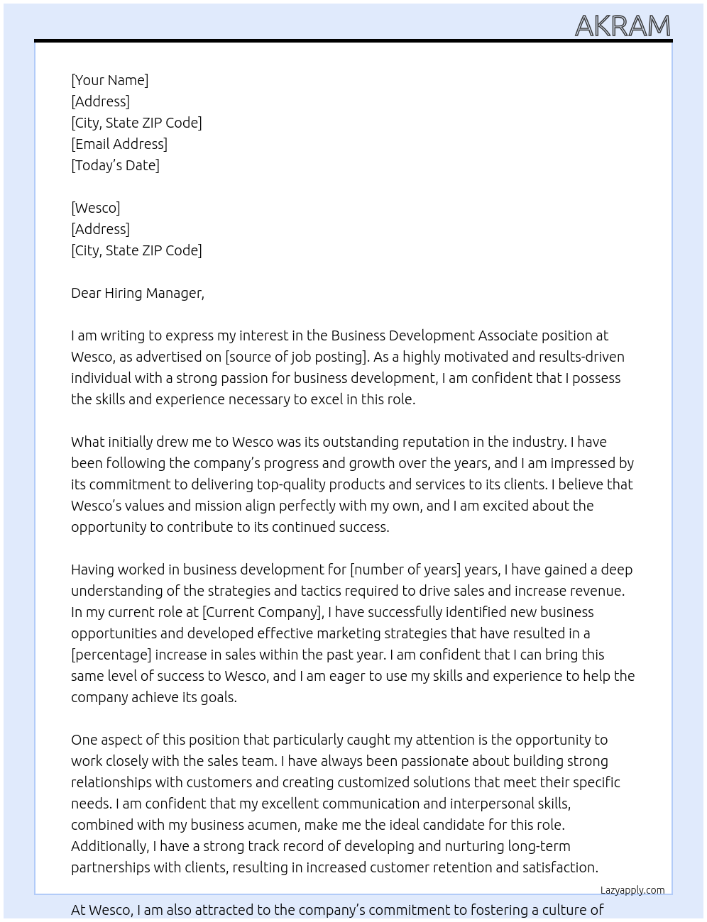 Business Development Associate At Wesco Cover Letter