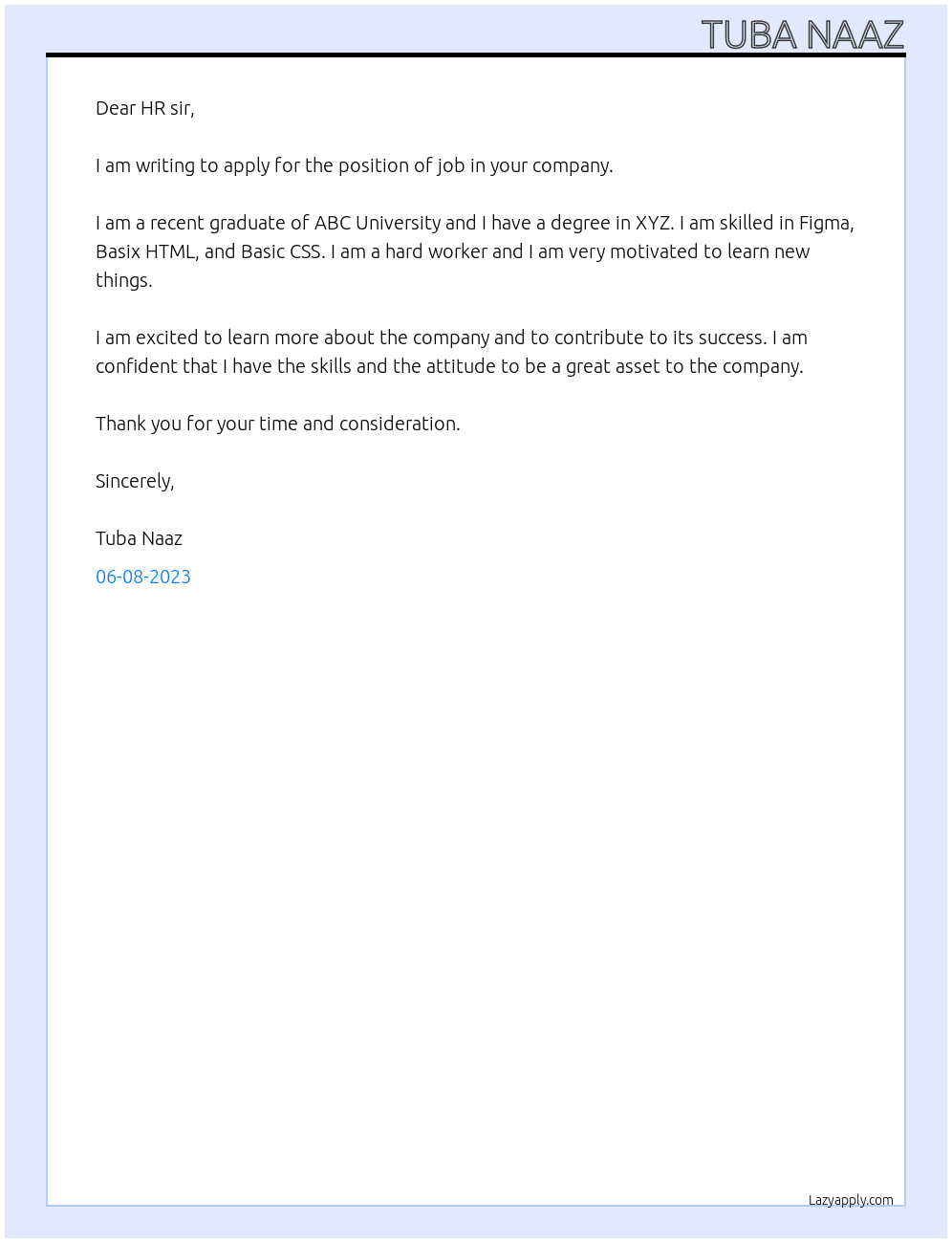 job At company name Cover Letter