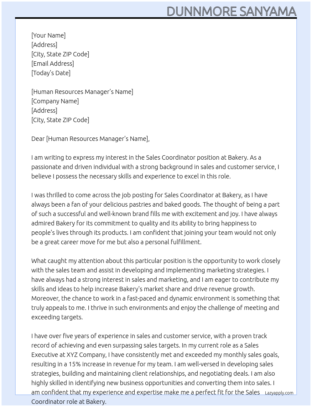 Sales Coordinator At Bakery Cover Letter
