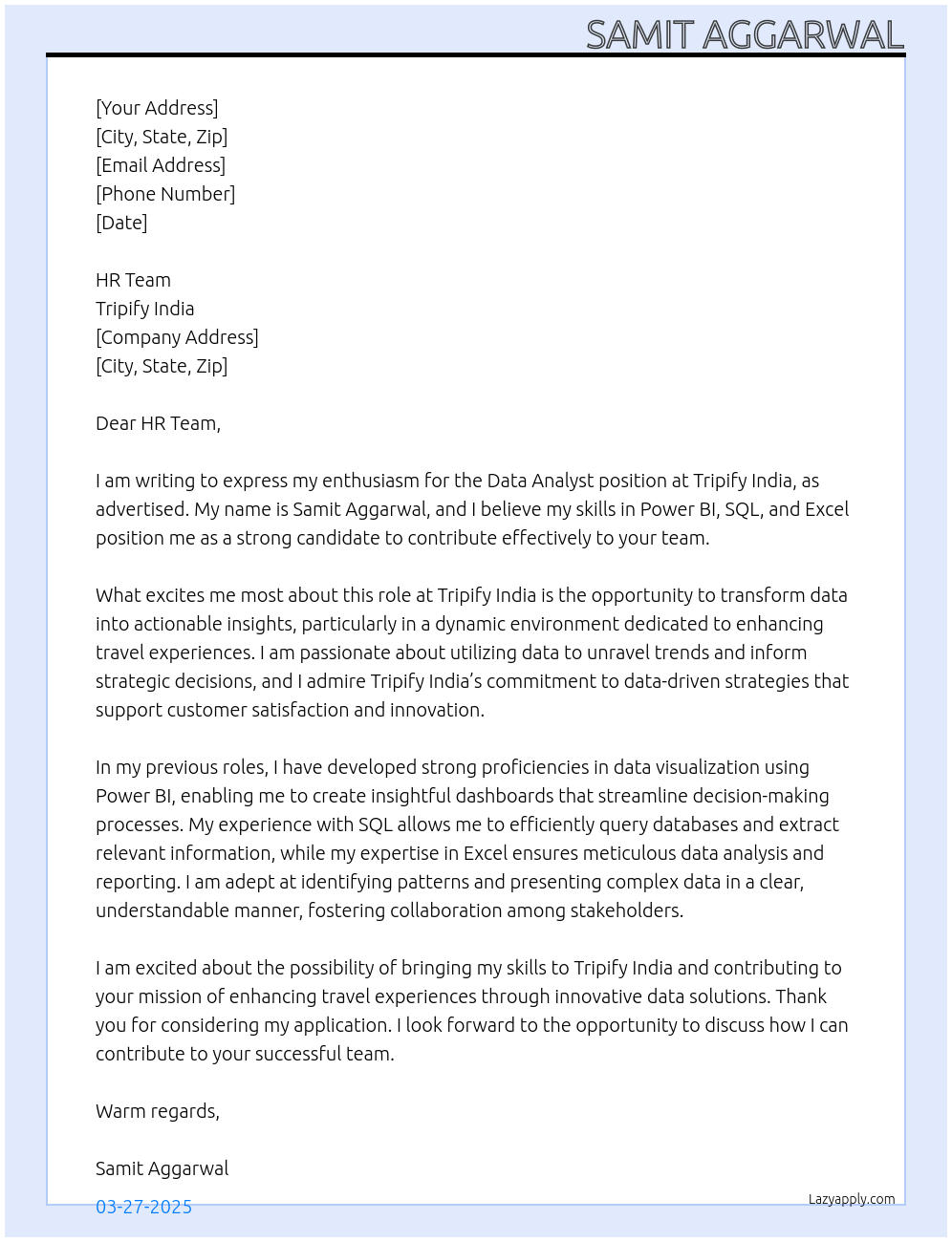 Data Analyst At Tripify India Cover Letter