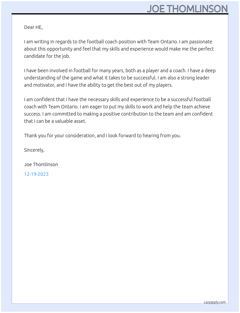 Football coach At Team Ontario  Cover Letter