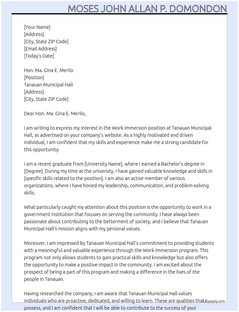 Work Immersion At Tanauan Municipal Hall Cover Letter