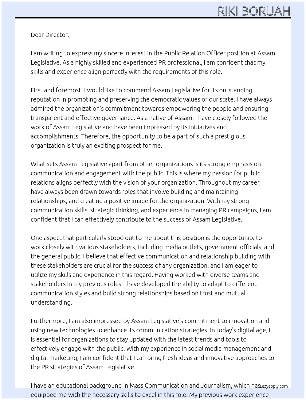 Public relation officer At Assam legislative Cover Letter