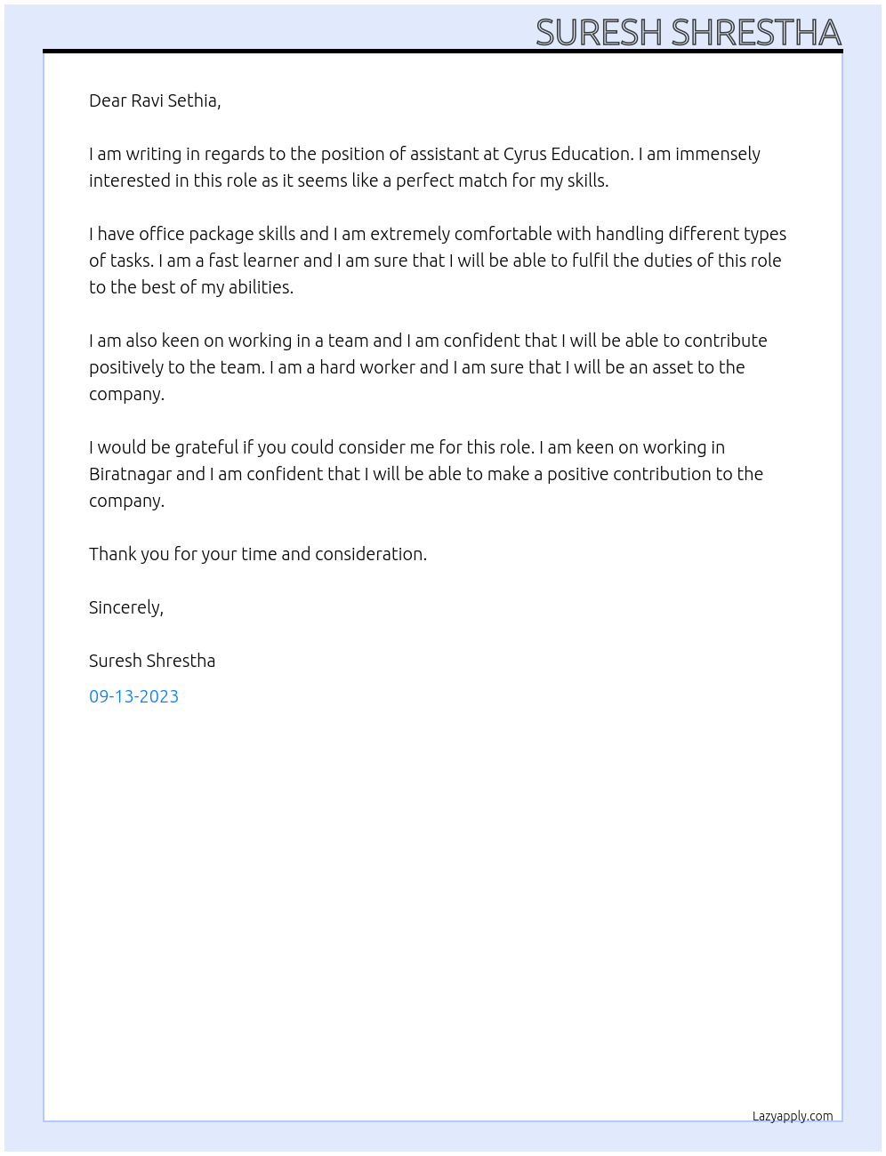 assistance  At Cyrus Education Cover Letter