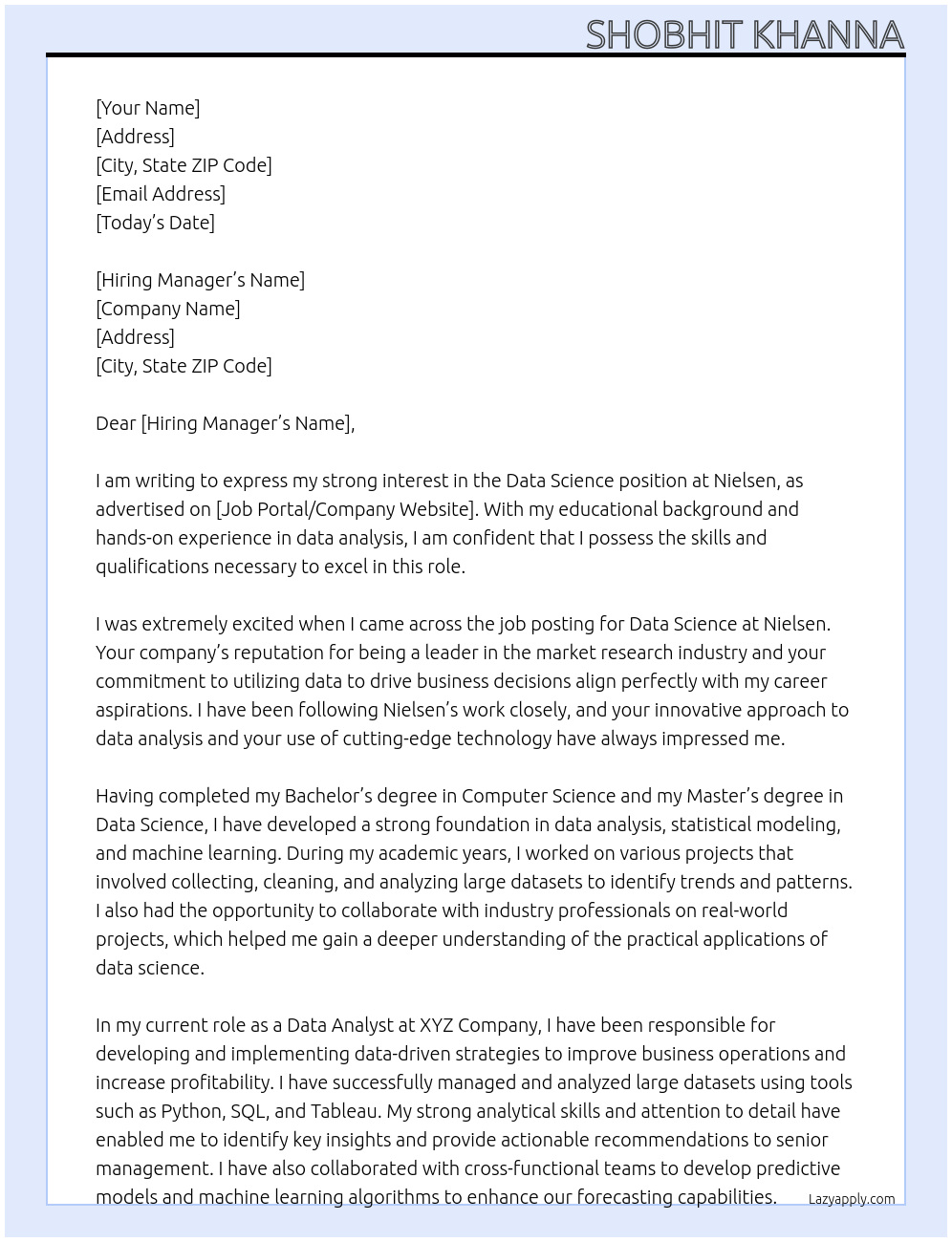 Data science At Nielsen Cover Letter