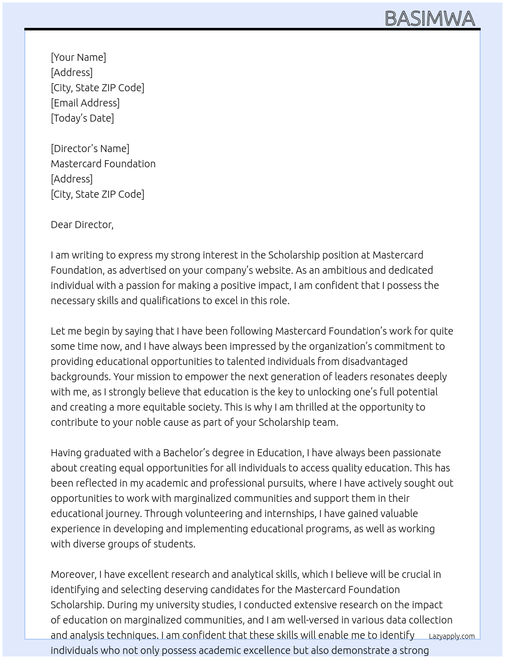 Scholarship At Master card foundation Cover Letter