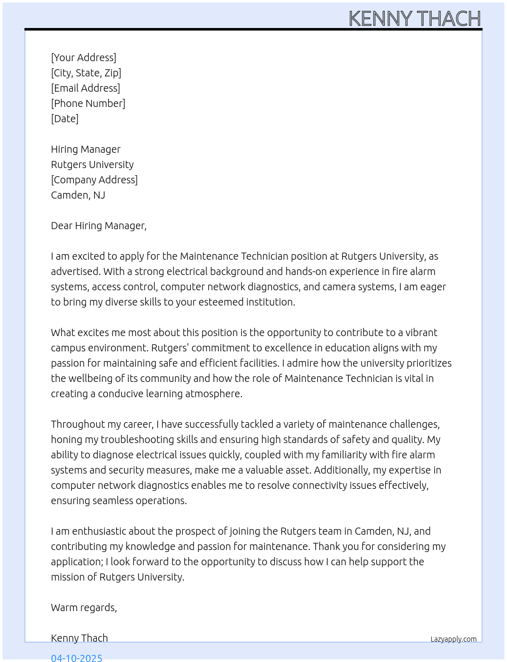 Maintenance Technician At Rutgers University Cover Letter