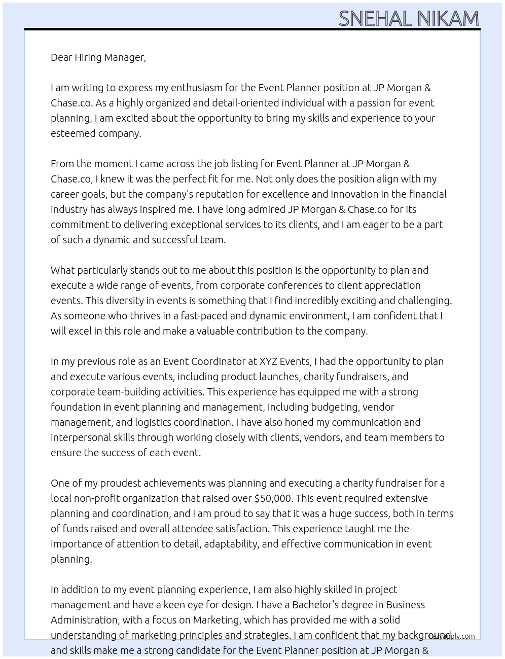 Event Planner At JP Morgan & Chase. co Cover Letter
