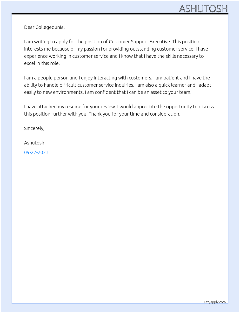 Customer Support Executive At Collegedunia Cover Letter