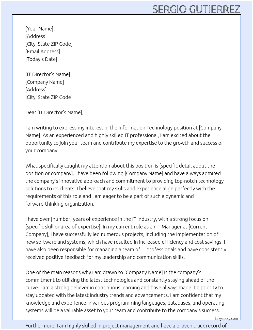 Information technology At IT job Cover Letter