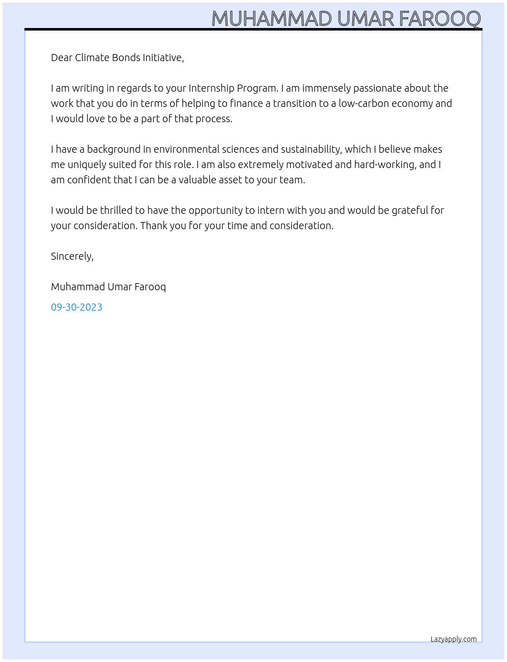 Internship Program At Climate Bonds Initiative Cover Letter