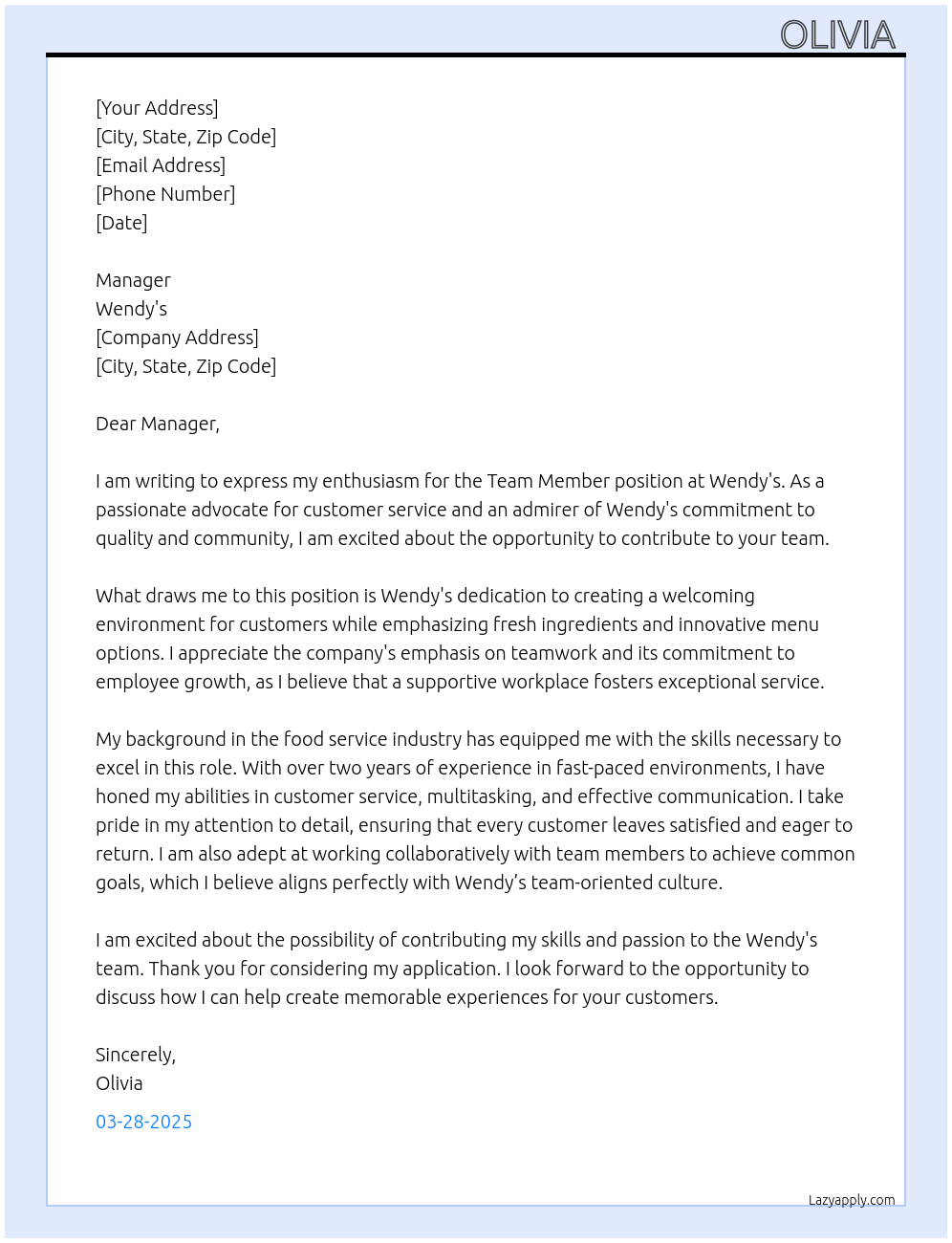 team member At wendys Cover Letter