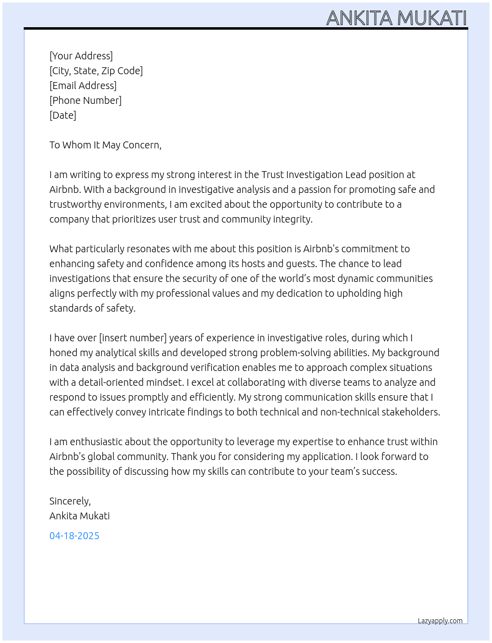 Trust Investigation Lead At Airbnb Cover Letter