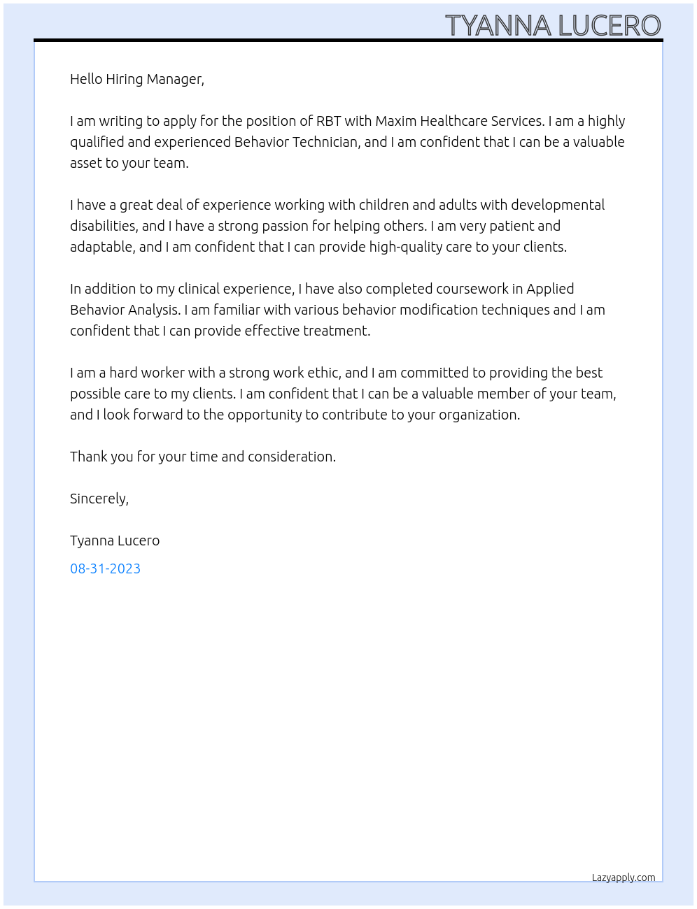 RBT At Maxim Healthcare Services Cover Letter