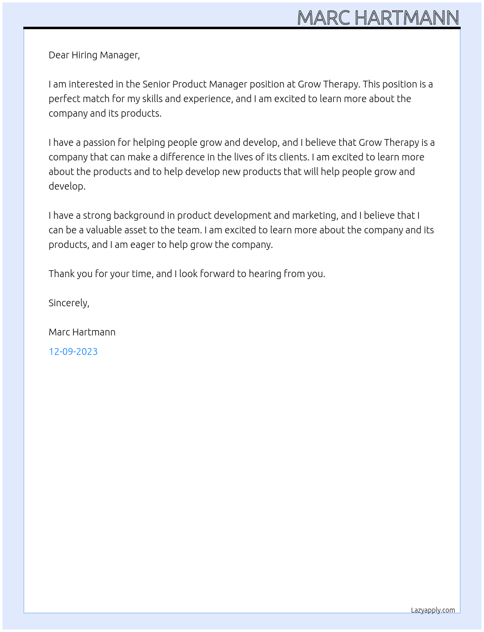 Senior Product Manager At Grow Therapy Cover Letter