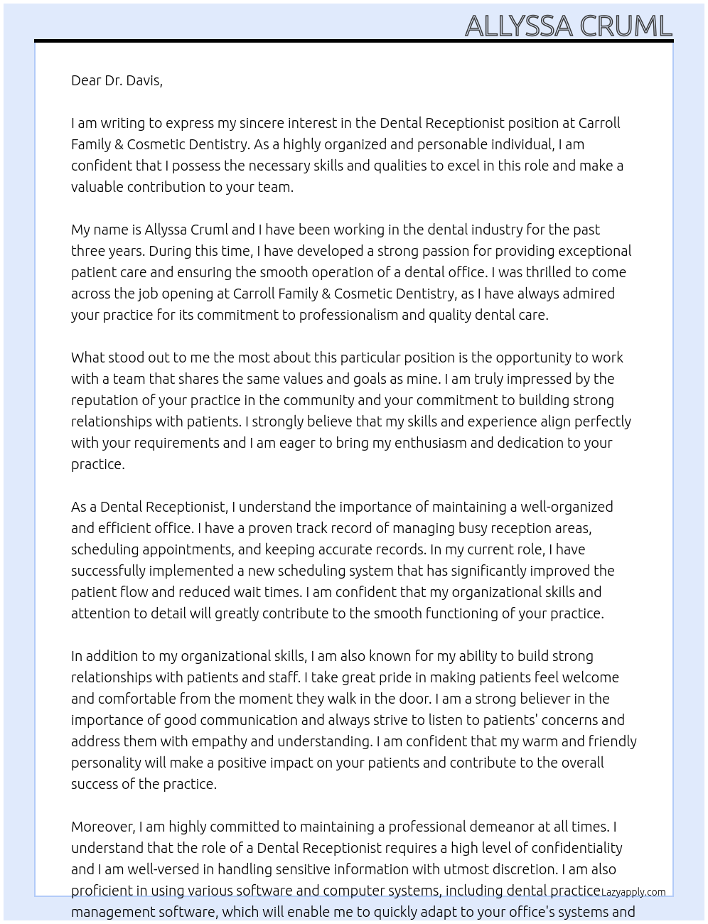 Dental Receptionist At Carroll Family & Cosmetic Dentistry Cover Letter