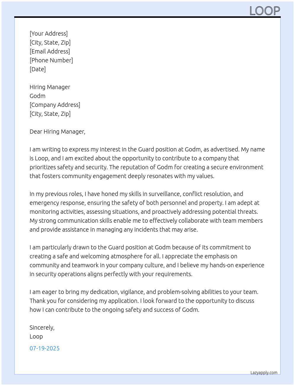 guard At godm Cover Letter