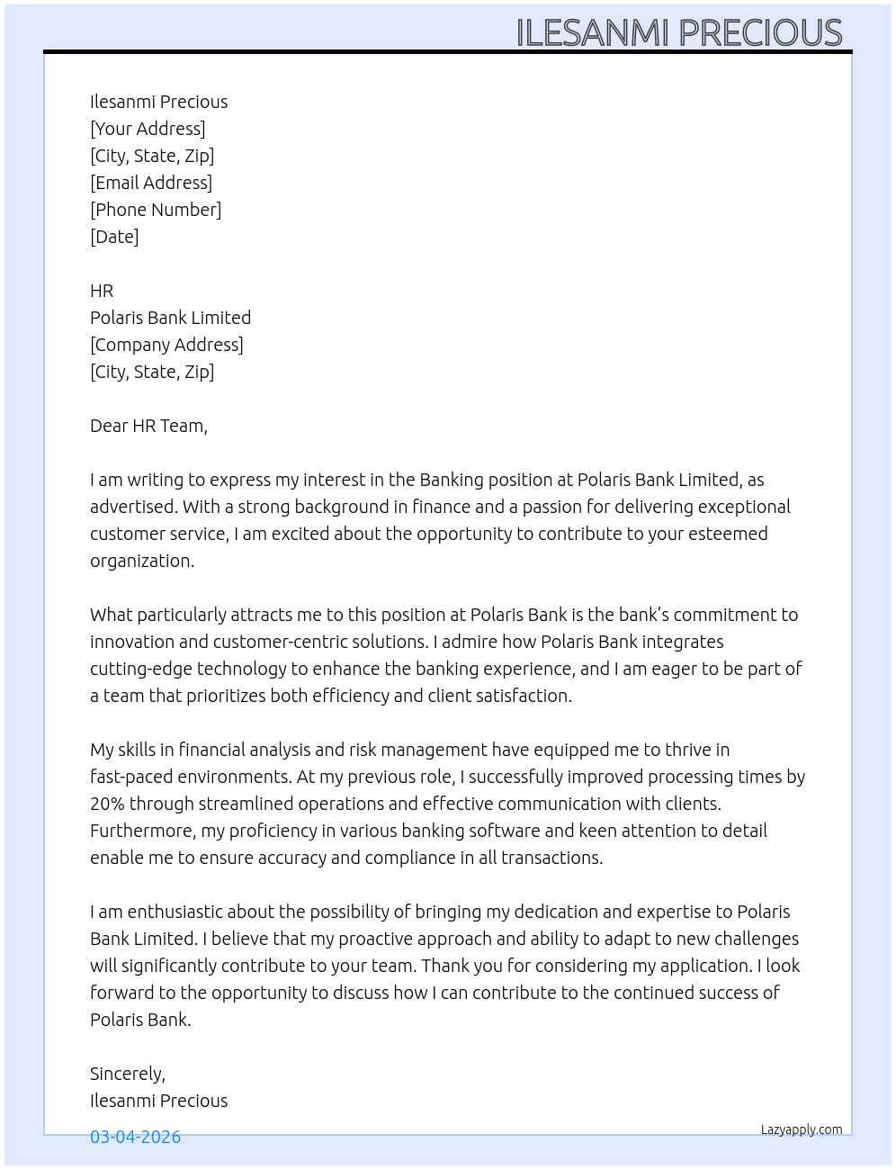 Cover letter for banking - LazyApply