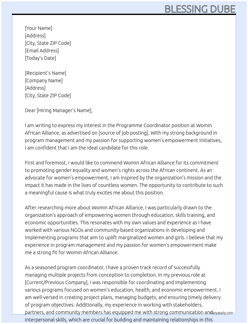 PROGRAMME COORDINATOR At Womin African Alliance Cover Letter