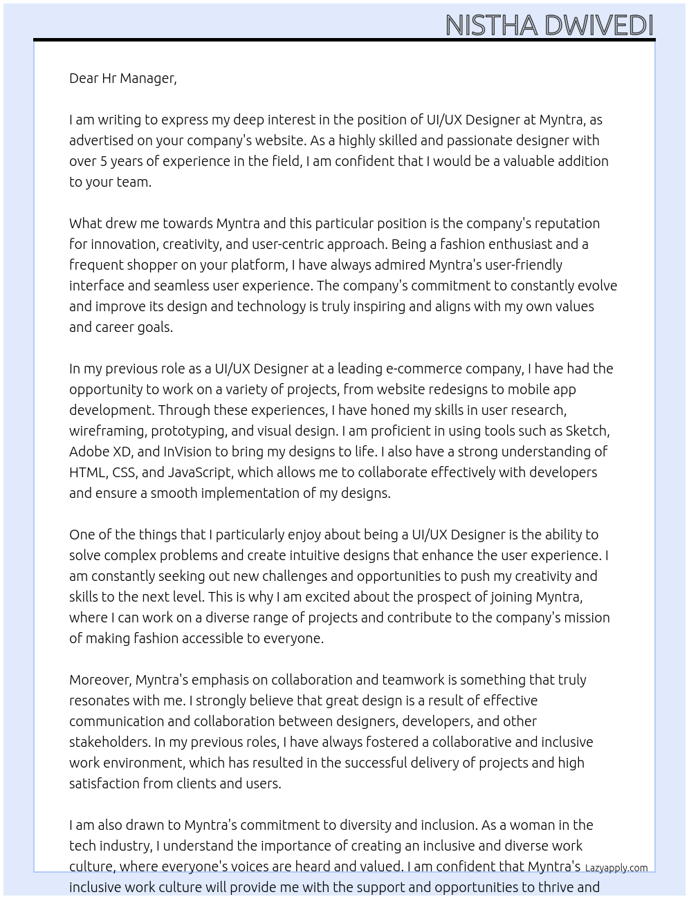 ui/ux At Myntra Cover Letter