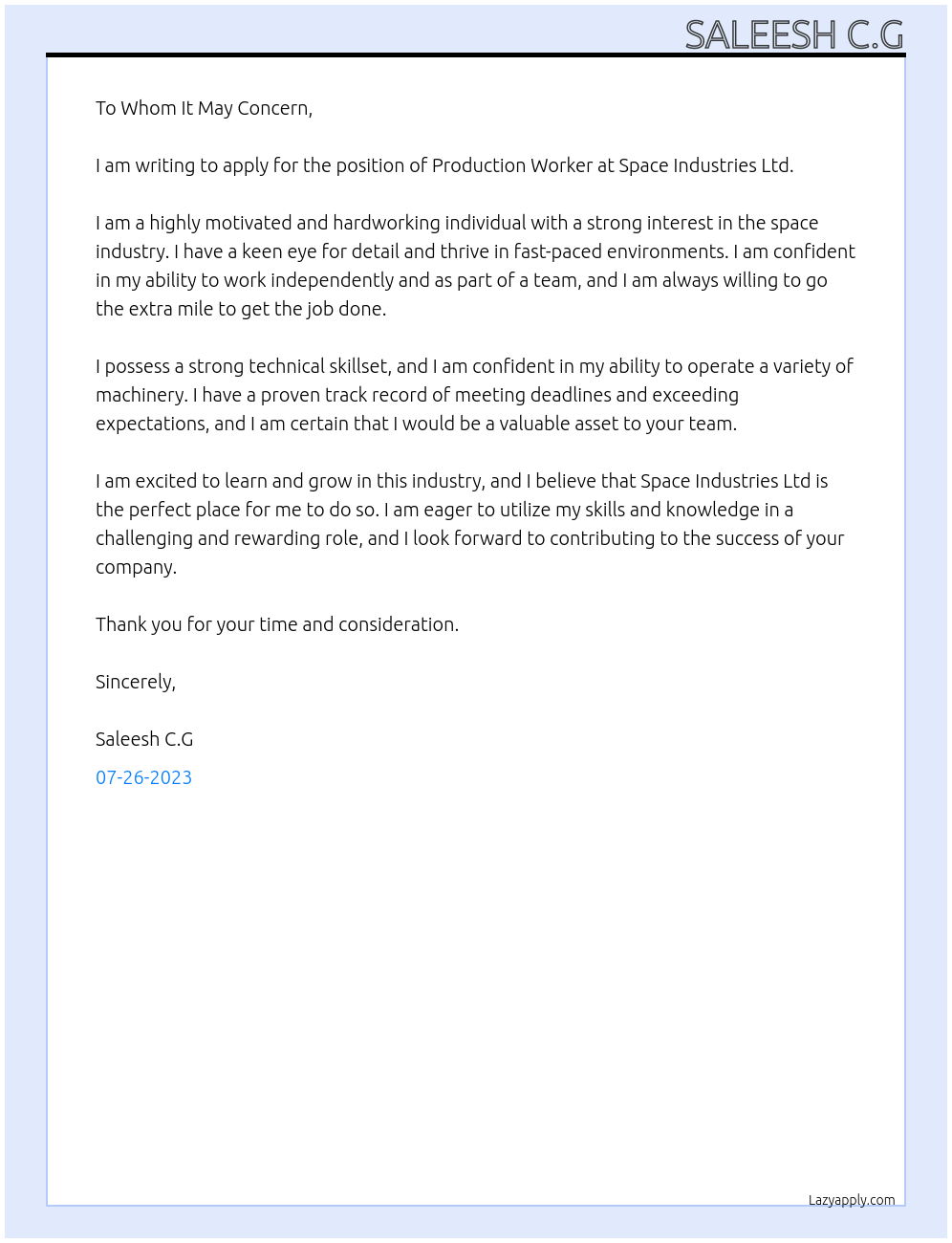 Production worker At Space Industries Ltd Cover Letter